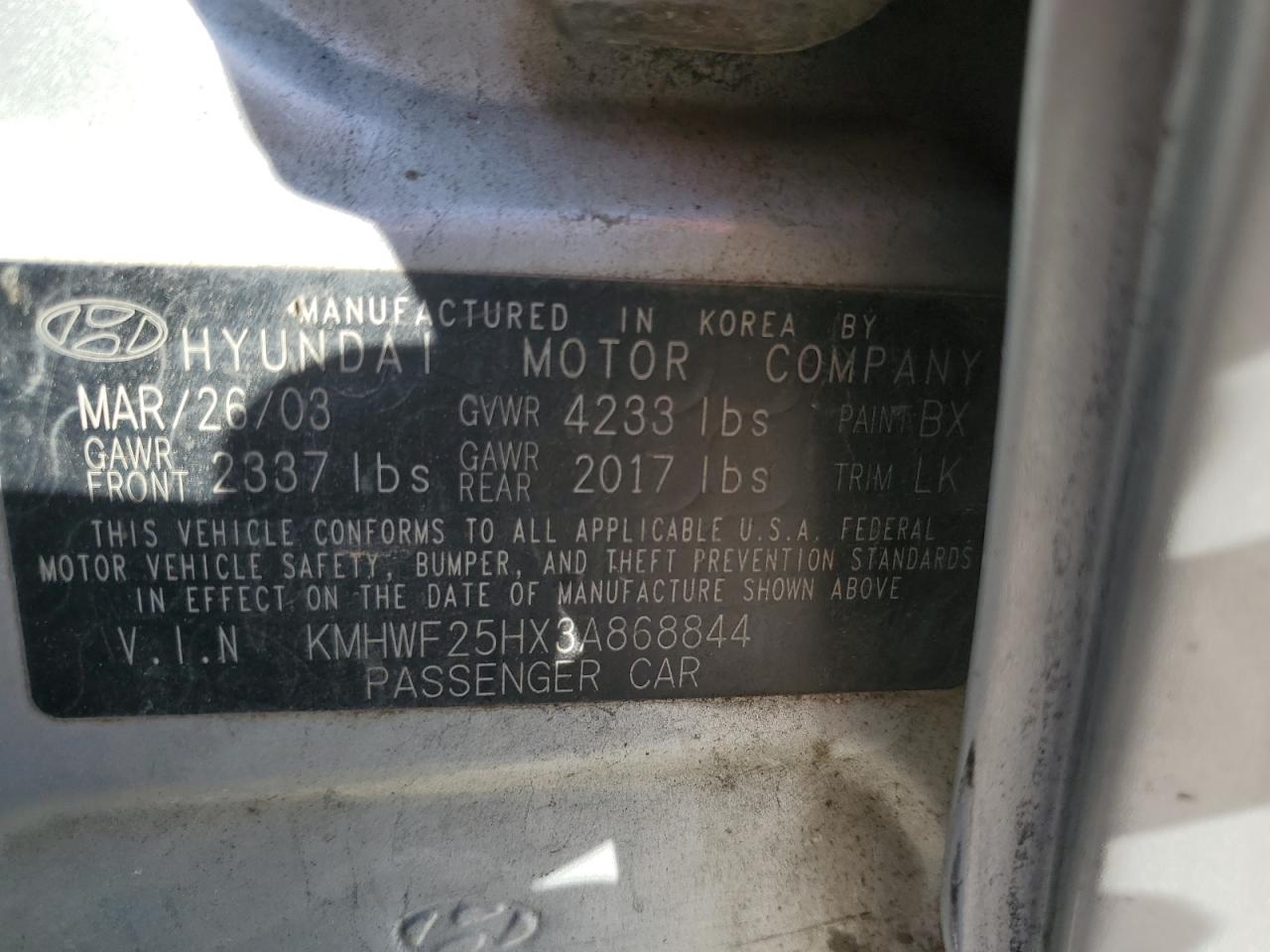 2003 Hyundai Sonata VIN: KMHWF25HX3A868844 Lot: 81922105