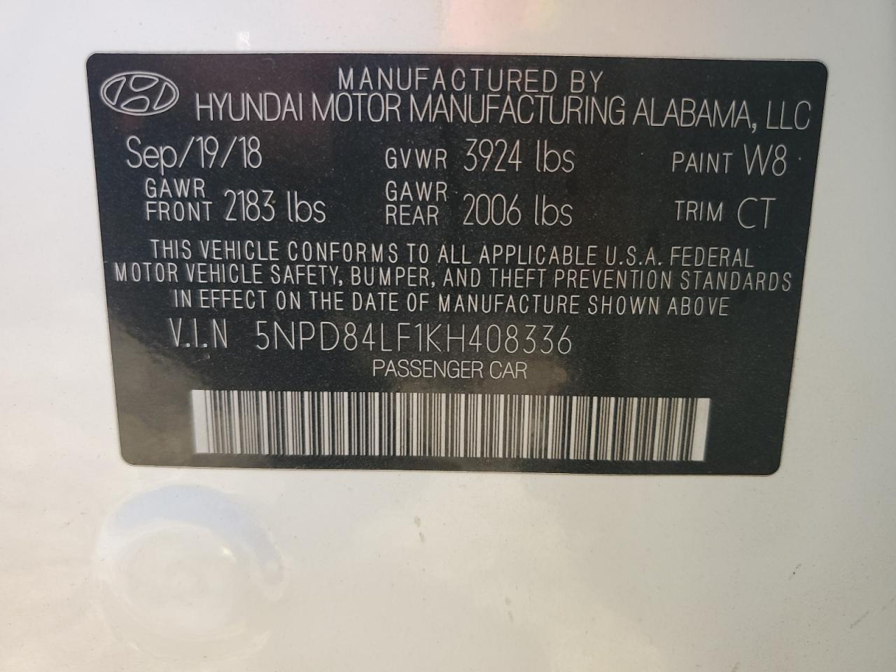 2019 Hyundai Elantra Sel VIN: 5NPD84LF1KH408336 Lot: 89478215