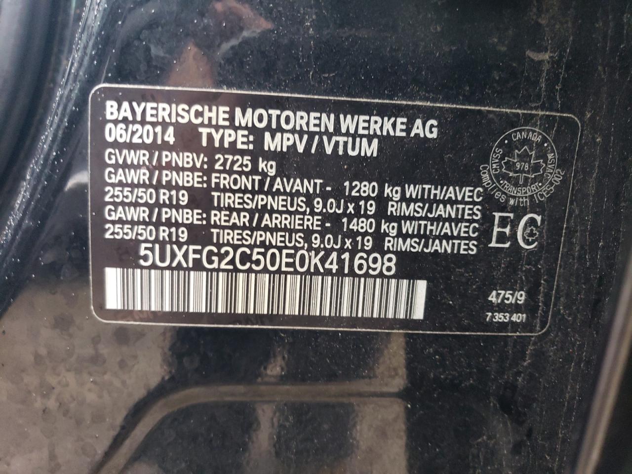 2014 BMW X6 xDrive35I VIN: 5UXFG2C50E0K41698 Lot: 85862015