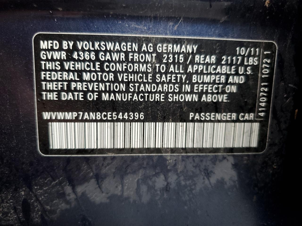 2012 Volkswagen Cc Sport VIN: WVWMP7AN8CE544396 Lot: 85574025