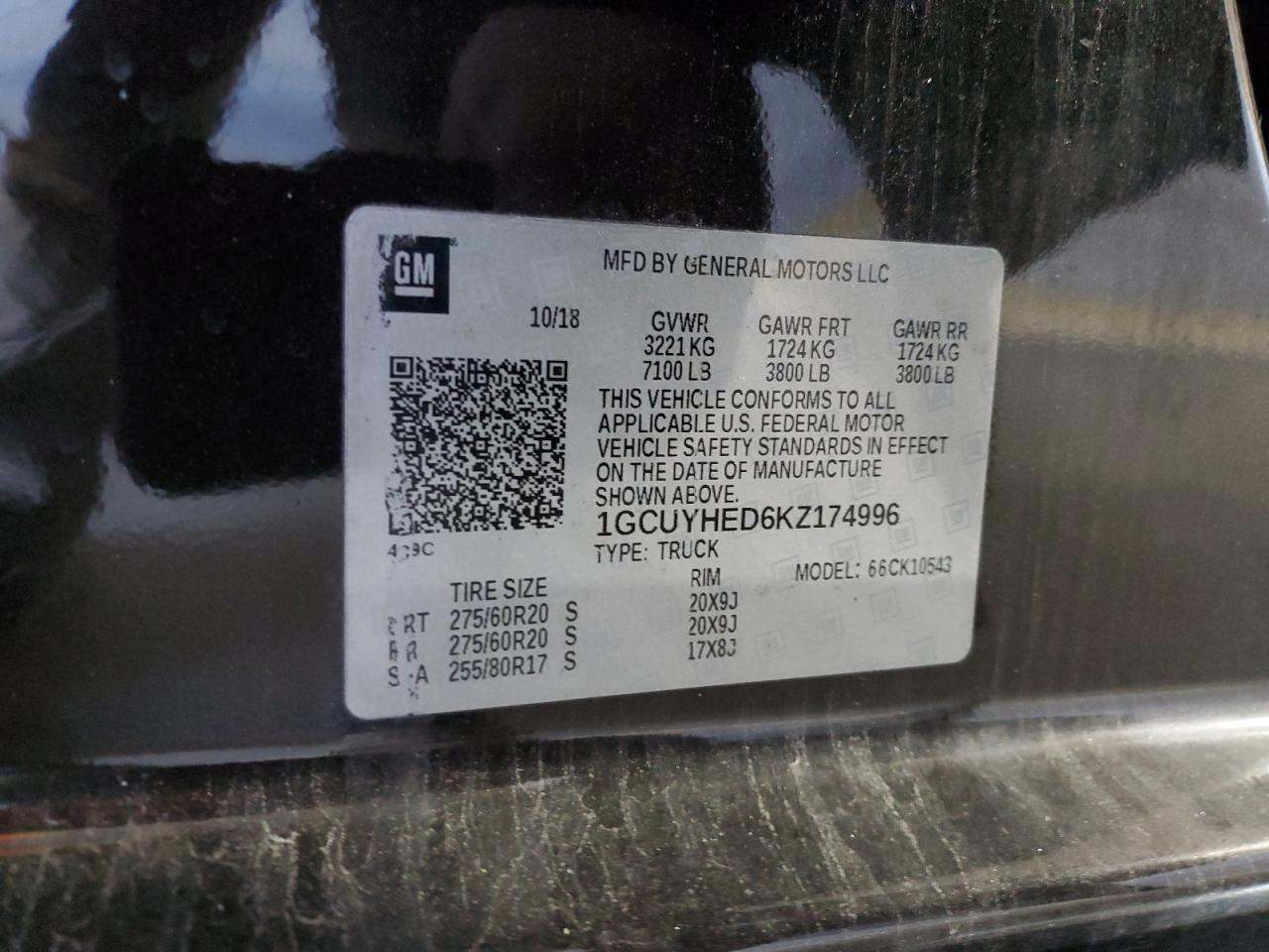 2019 Chevrolet Silverado K1500 High Country VIN: 1GCUYHED6KZ174996 Lot: 82414985