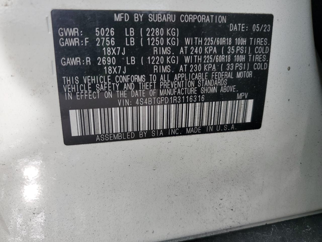 2024 Subaru Outback Touring VIN: 4S4BTGPD1R3116316 Lot: 82326675