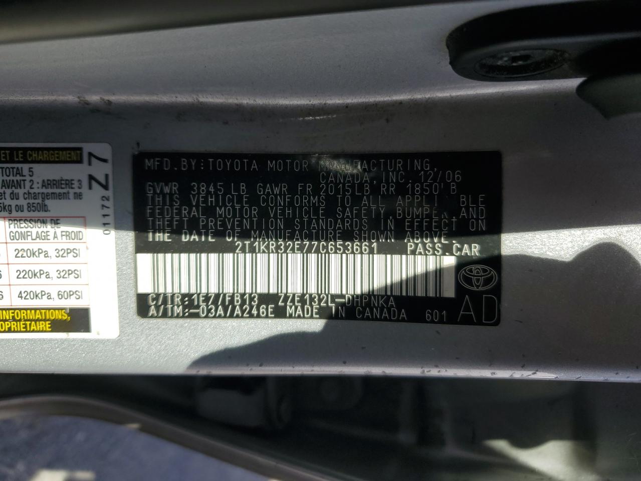 2007 Toyota Corolla Matrix Xr VIN: 2T1KR32E77C653661 Lot: 87304795