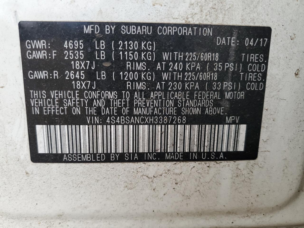 2017 Subaru Outback 2.5I Limited VIN: 4S4BSANCXH3387268 Lot: 85592635