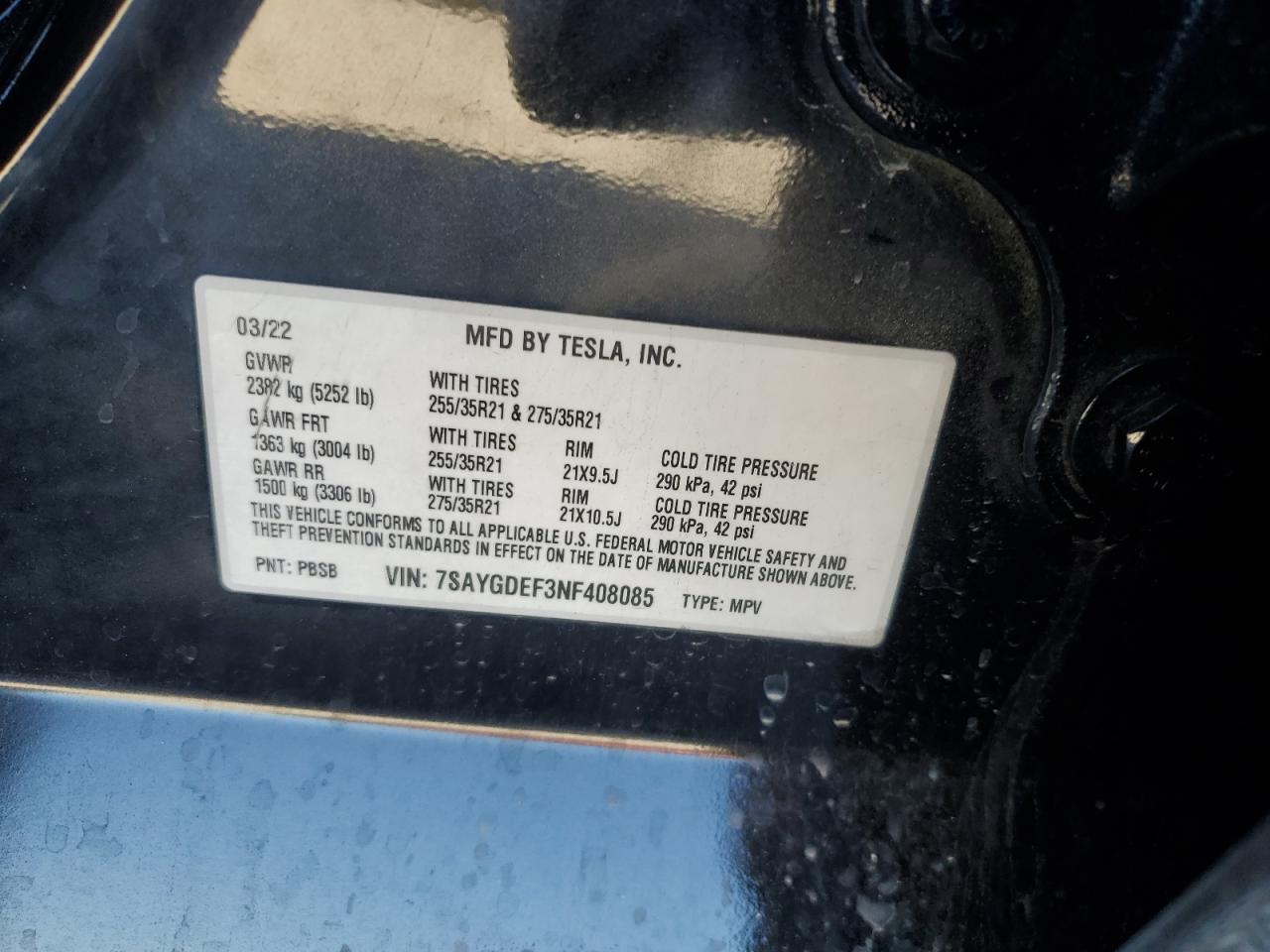 2022 Tesla Model Y VIN: 7SAYGDEF3NF408085 Lot: 86462525