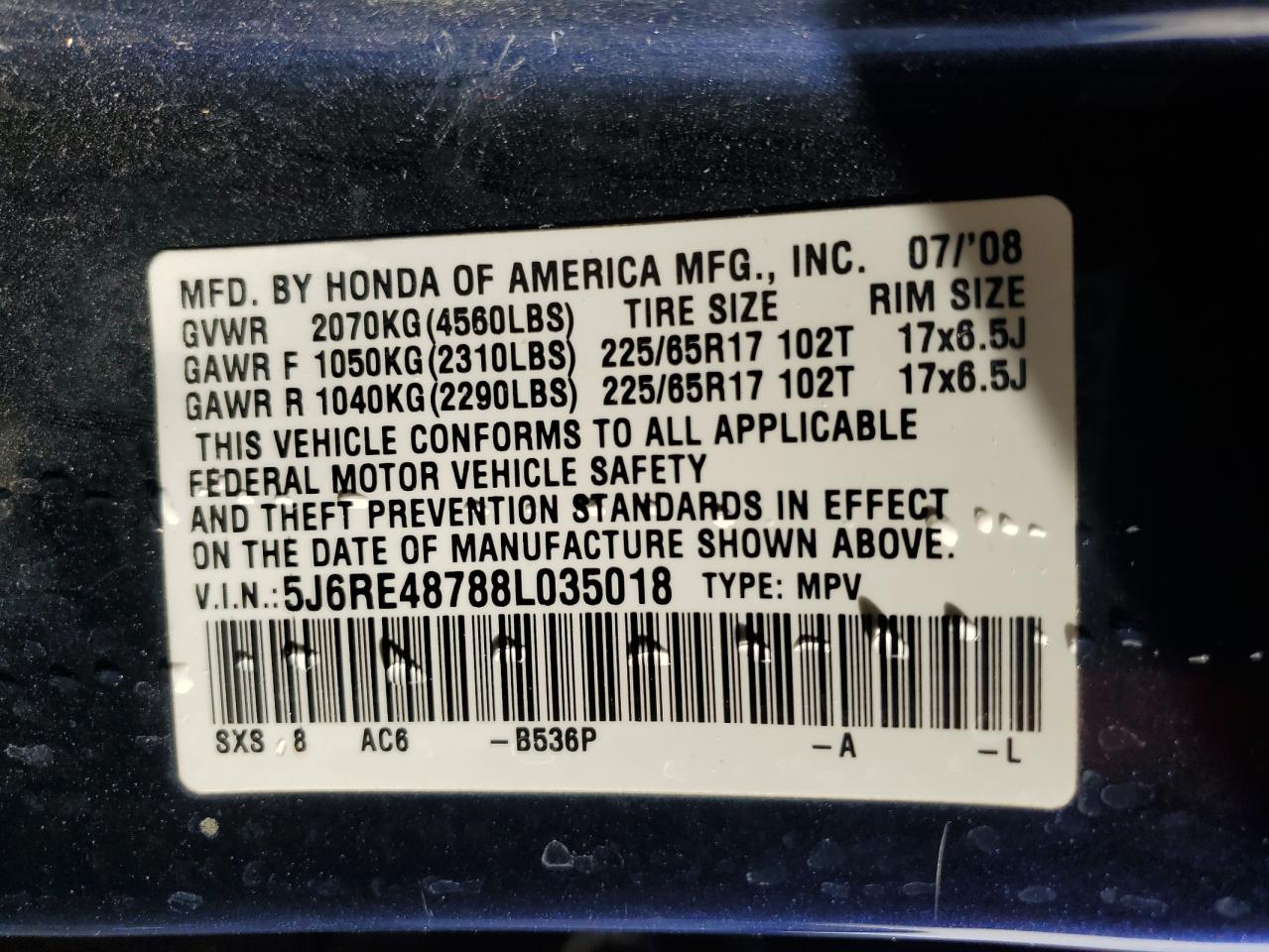 2008 Honda Cr-V Exl VIN: 5J6RE48788L035018 Lot: 89911355