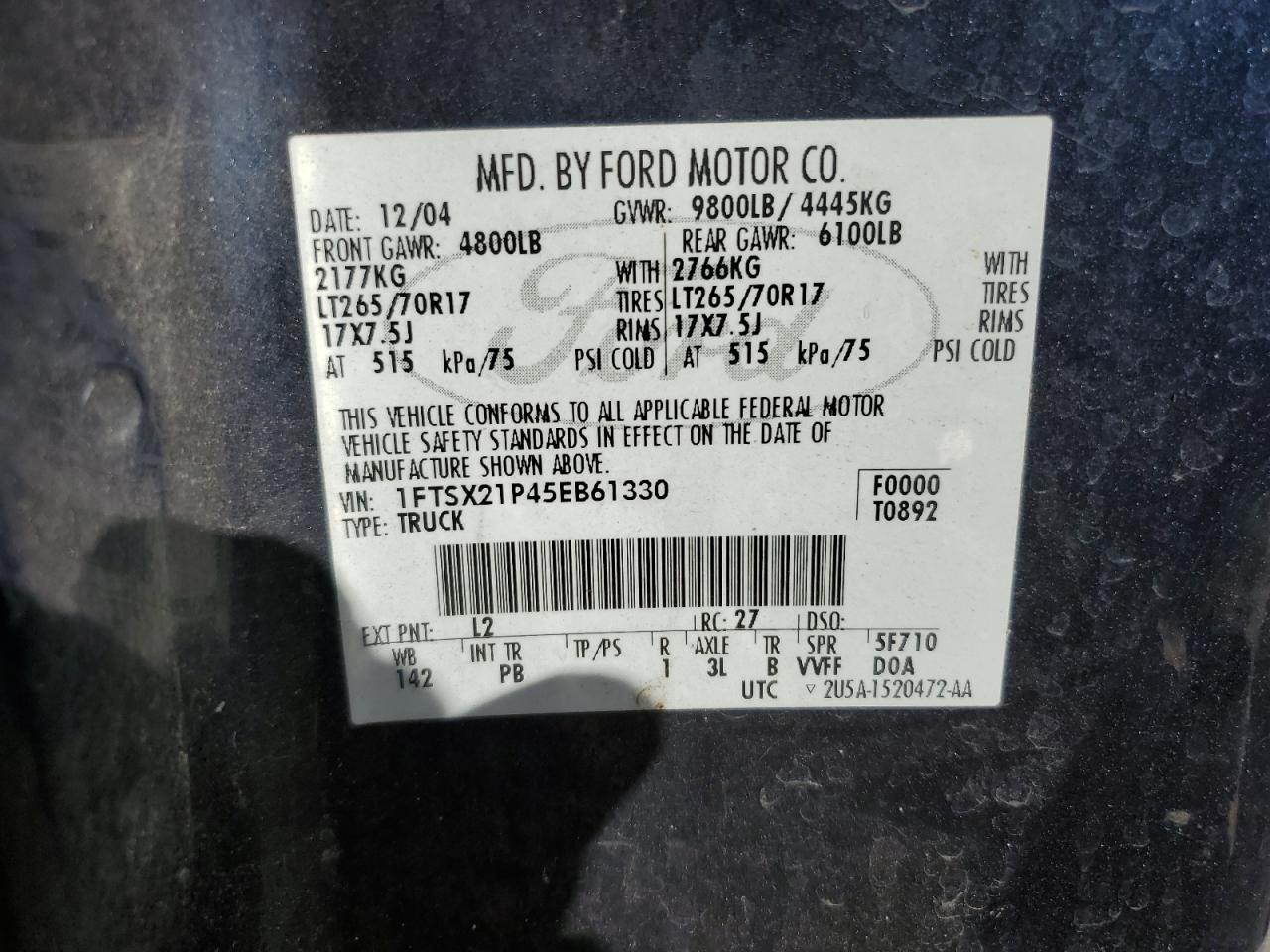 2005 Ford F250 Super Duty VIN: 1FTSX21P45EB61330 Lot: 82688585