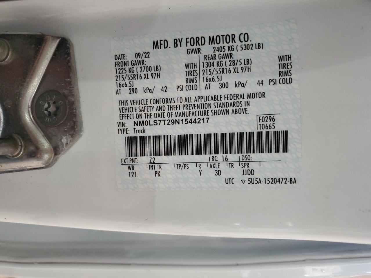 2022 Ford Transit Connect Utility / Service Van VIN: NM0LS7T29N1544217 Lot: 87237245