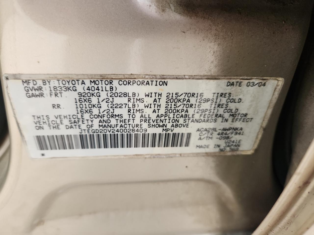 2004 Toyota Rav4 VIN: JTEGD20V240028409 Lot: 85535265