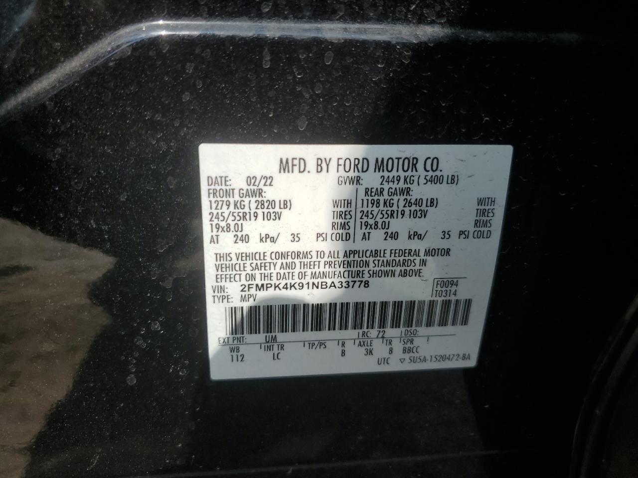 2022 Ford Edge Titanium VIN: 2FMPK4K91NBA33778 Lot: 89924945