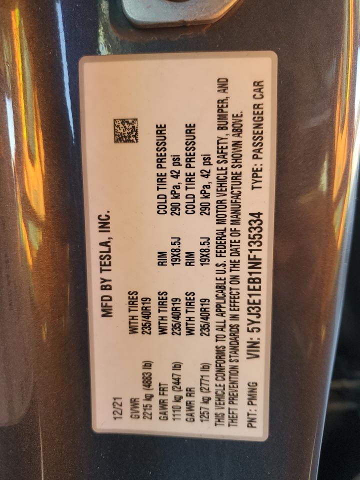 2022 Tesla Model 3 VIN: 5YJ3E1EB1NF135334 Lot: 87306405