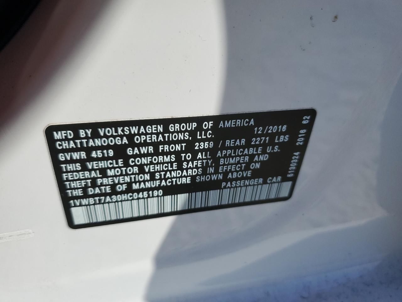 2017 Volkswagen Passat Se VIN: 1VWBT7A30HC045190 Lot: 82205535