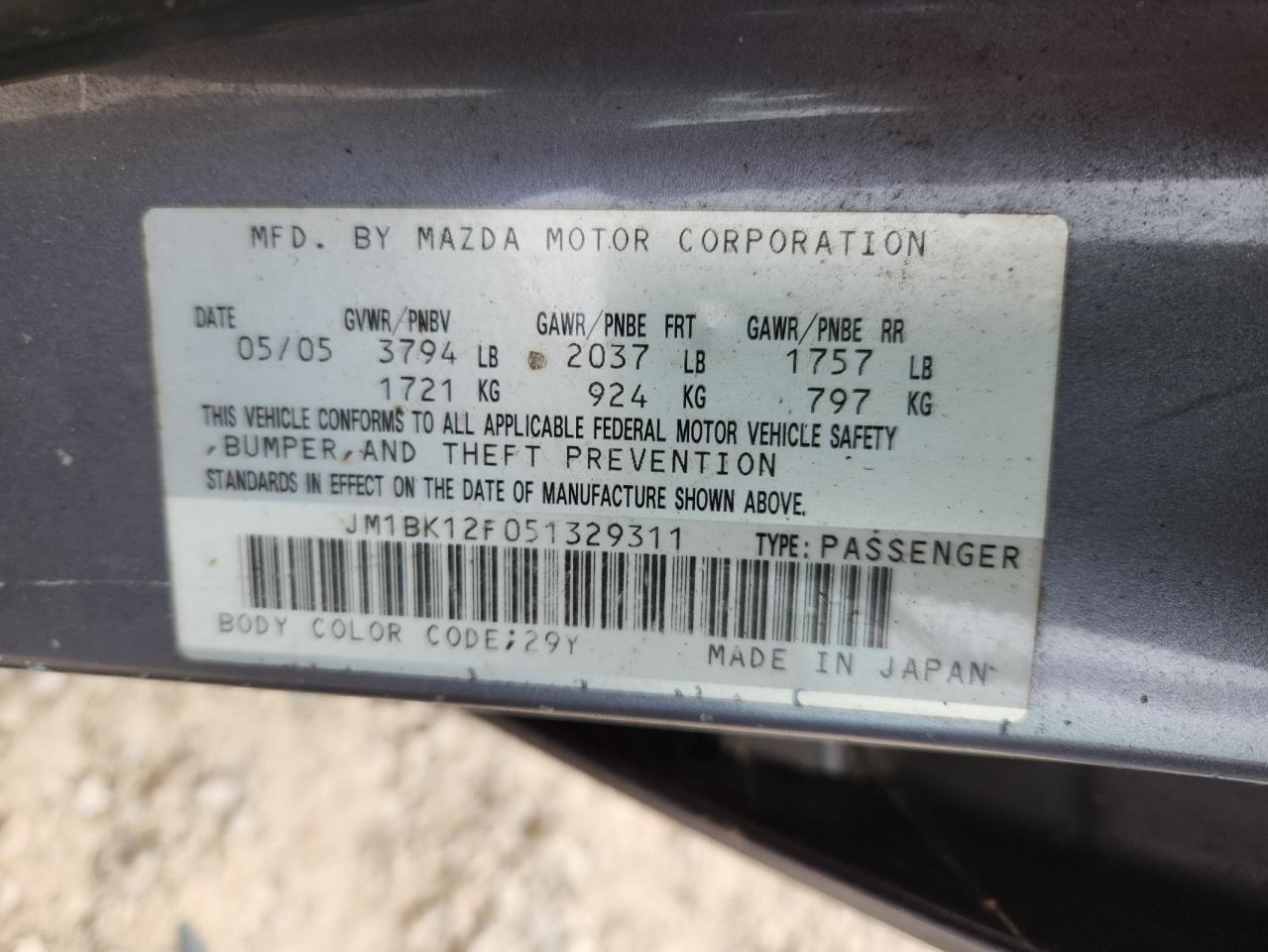 2005 Mazda 3 I VIN: JM1BK12F051329311 Lot: 86080805