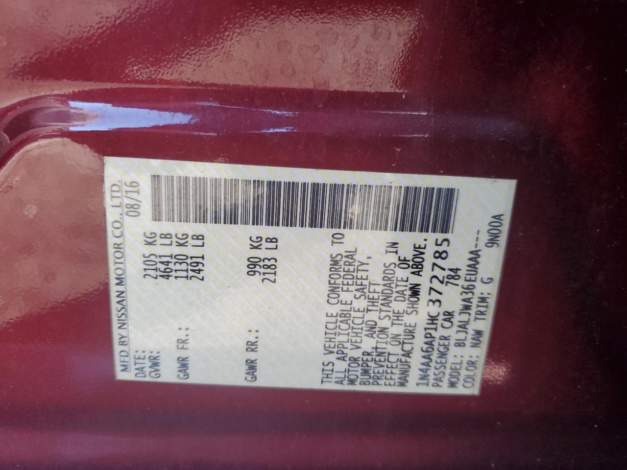 2017 Nissan Maxima 3.5S VIN: 1N4AA6AP1HC372785 Lot: 84754595
