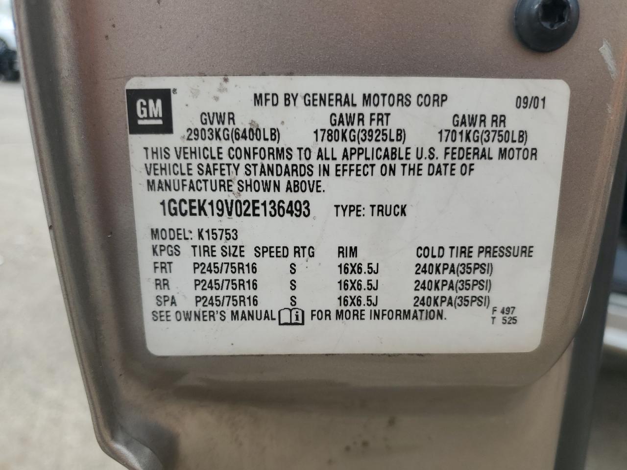 2002 Chevrolet Silverado K1500 VIN: 1GCEK19V02E136493 Lot: 85757155