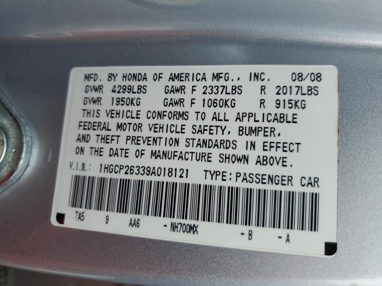 2009 Honda Accord Lx VIN: 1HGCP26339A018121 Lot: 86054875