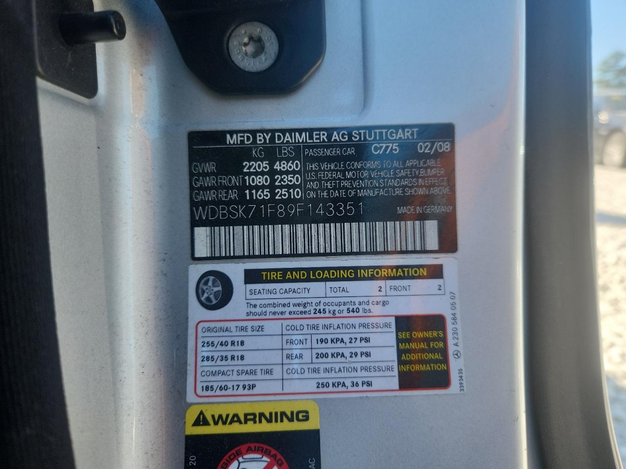 2009 Mercedes-Benz Sl 550 VIN: WDBSK71F89F143351 Lot: 86243925