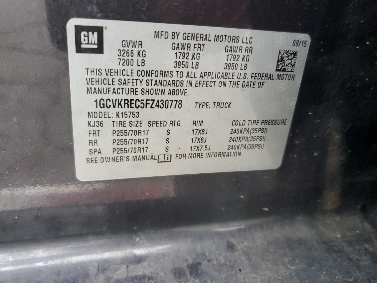 2015 Chevrolet Silverado K1500 Lt VIN: 1GCVKREC5FZ430778 Lot: 82282625