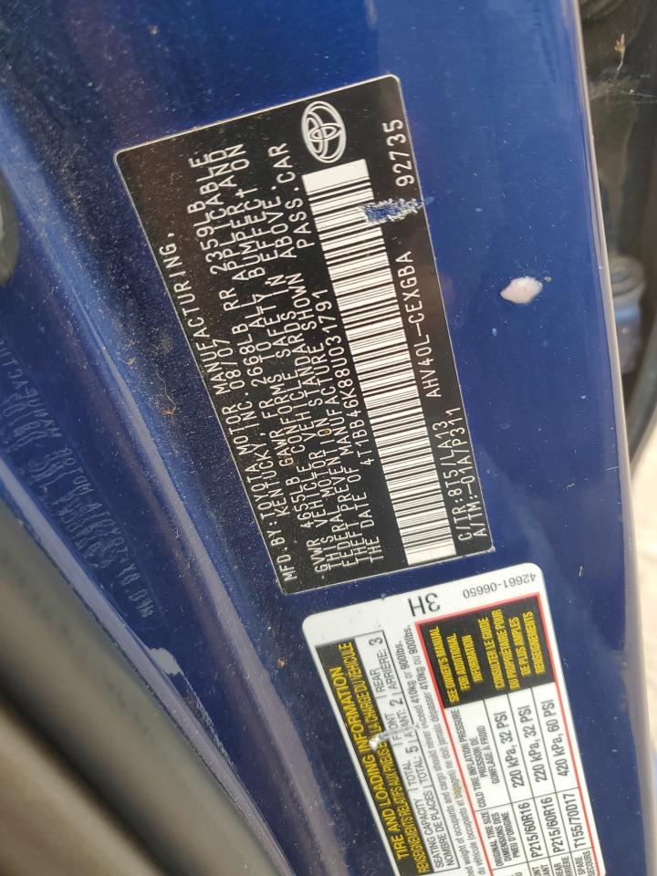 2008 Toyota Camry Hybrid VIN: 4T1BB46K88U031791 Lot: 82475415