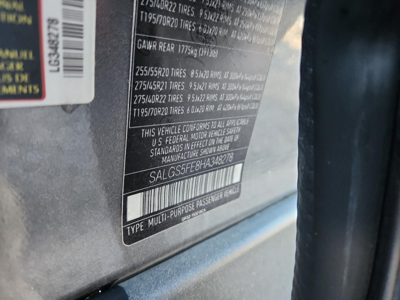 2017 Land Rover Range Rover Supercharged VIN: SALGS5FE8HA348278 Lot: 86136695