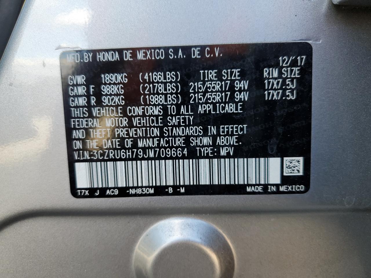 2018 Honda Hr-V Exl VIN: 3CZRU6H79JM709664 Lot: 86888495