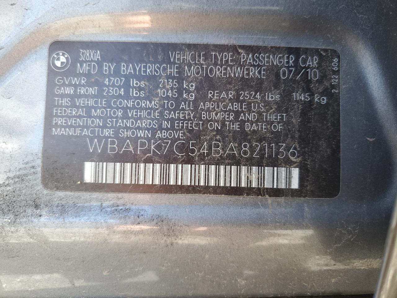 2011 BMW 328 Xi VIN: WBAPK7C54BA821136 Lot: 86136625