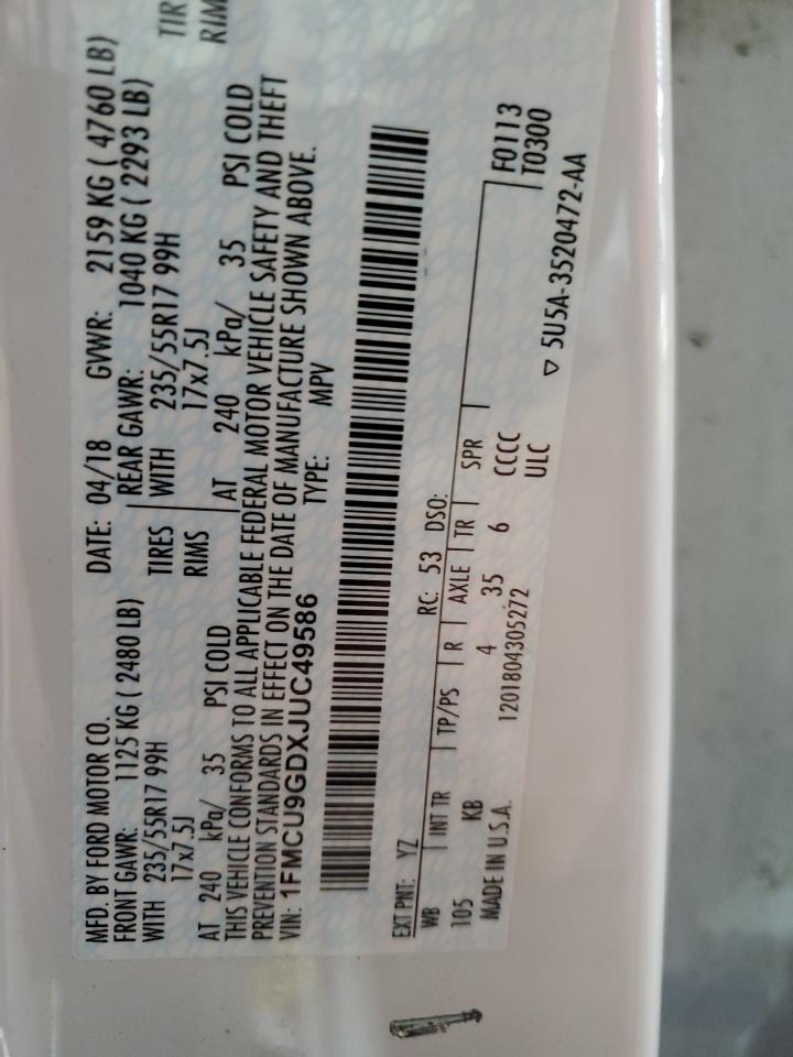 2018 Ford Escape Se VIN: 1FMCU9GDXJUC49586 Lot: 86699655