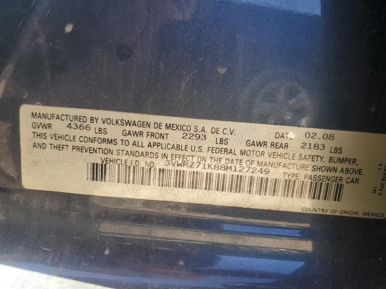 2008 Volkswagen Jetta Se VIN: 3VWRZ71K88M127249 Lot: 82151665