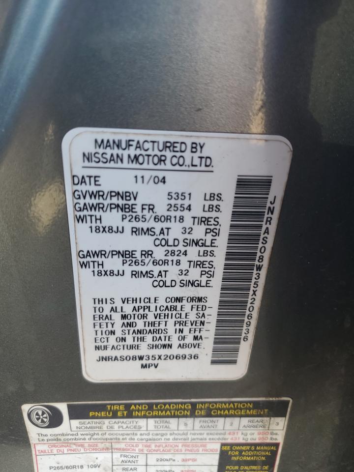 2005 Infiniti Fx35 VIN: JNRAS08W35X206936 Lot: 86714785