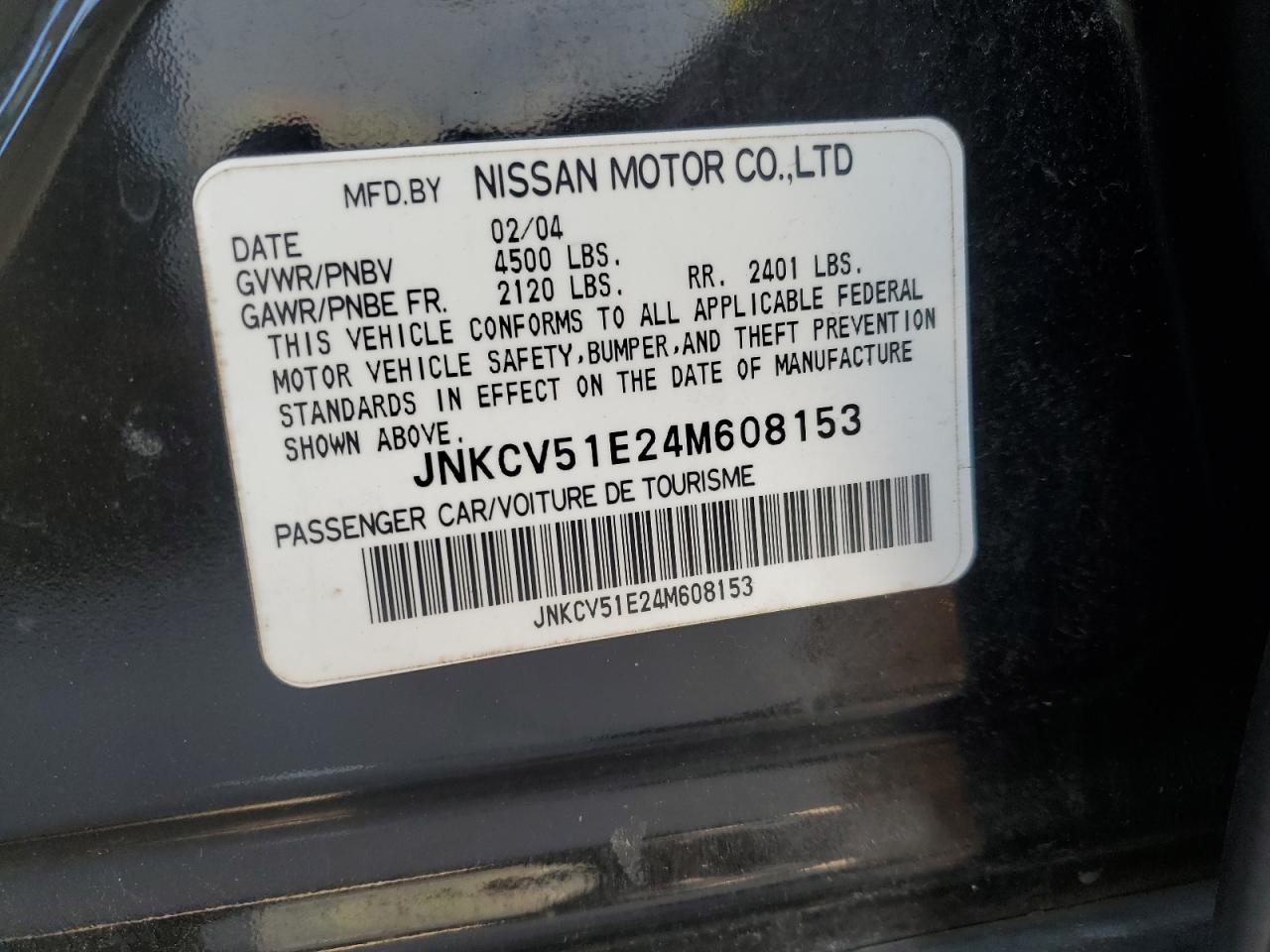 2004 Infiniti G35 VIN: JNKCV51E24M608153 Lot: 81956465