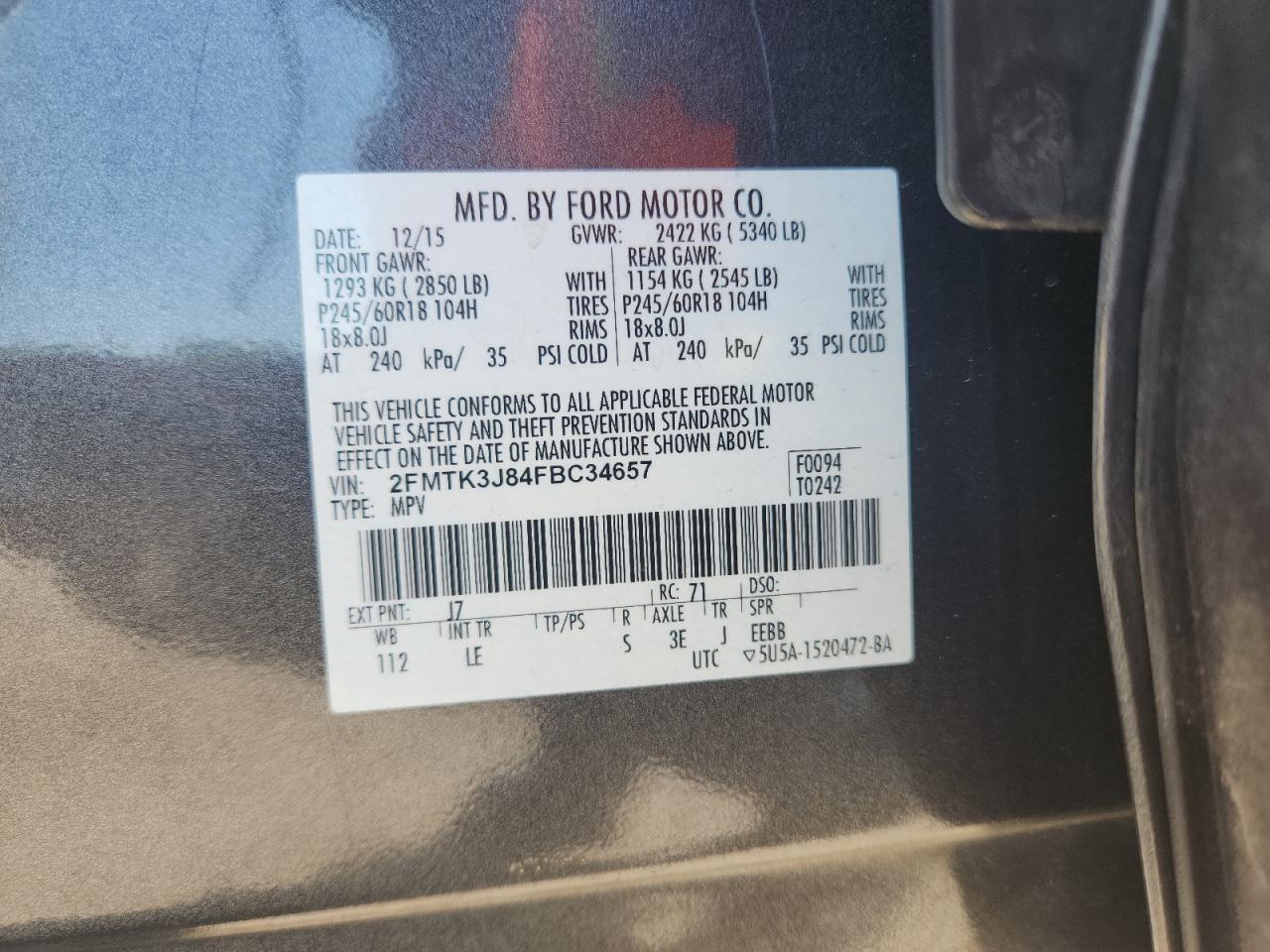 2015 Ford Edge Sel VIN: 2FMTK3J84FBC34657 Lot: 86527705