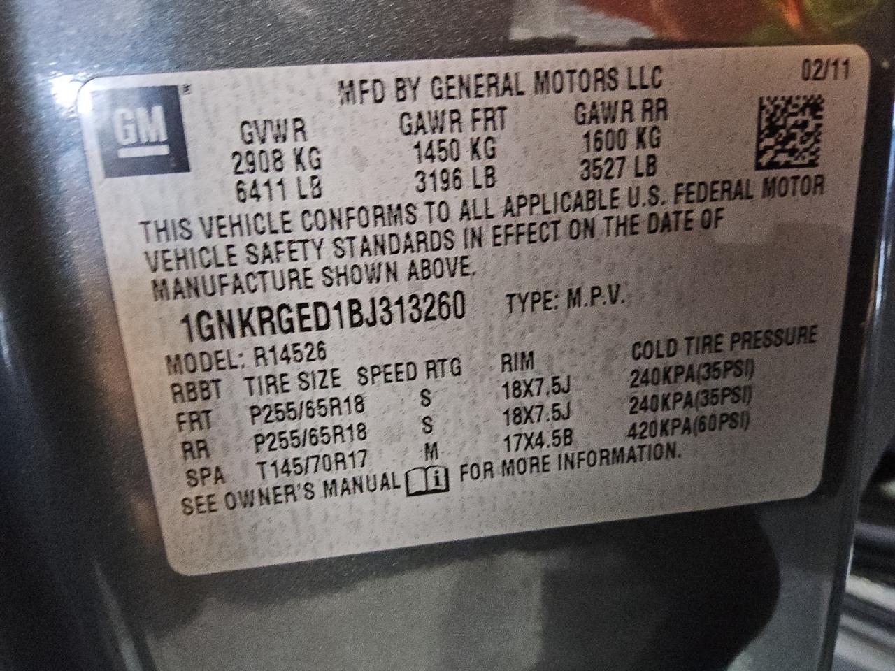2011 Chevrolet Traverse Lt VIN: 1GNKRGED1BJ313260 Lot: 70063695