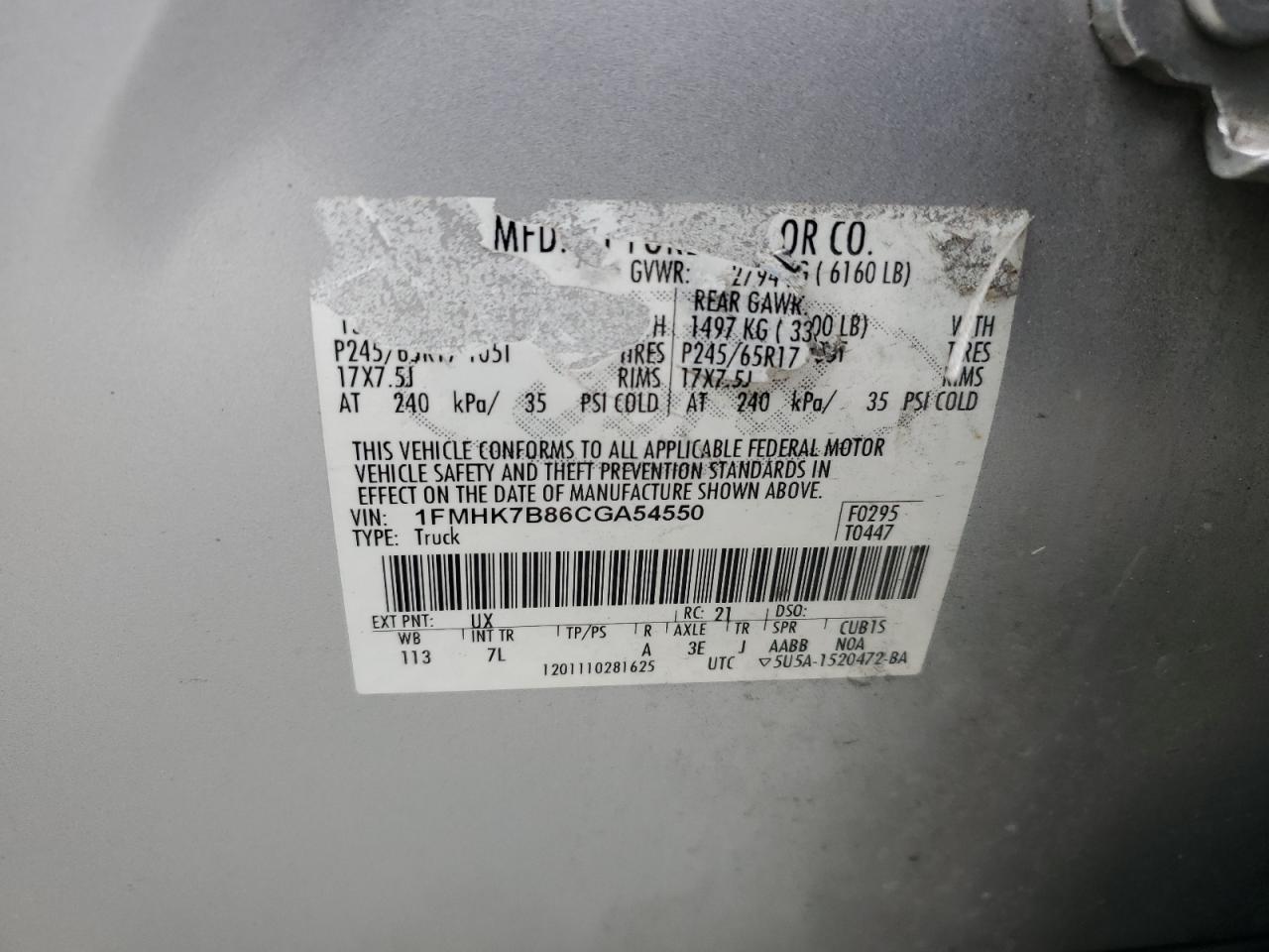 2012 Ford Explorer VIN: 1FMHK7B86CGA54550 Lot: 82293755