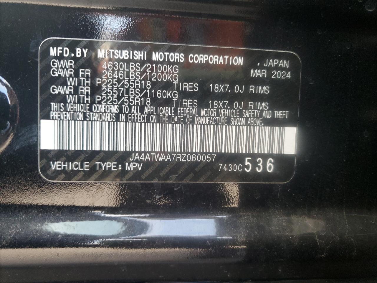 2024 Mitsubishi Eclipse Cross Se VIN: JA4ATWAA7RZ060057 Lot: 90224965