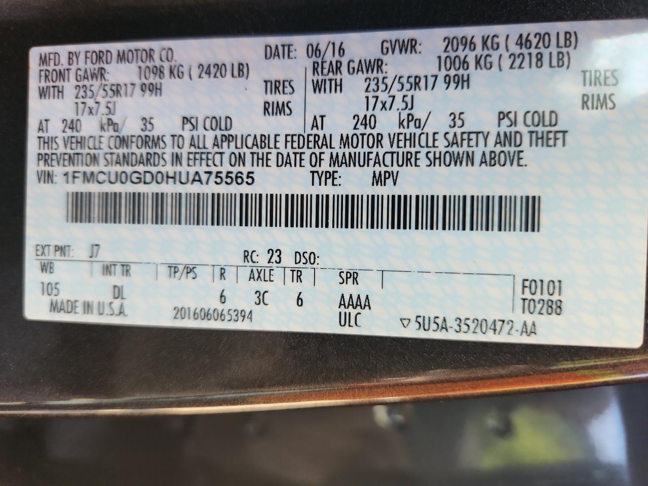 2017 Ford Escape Se VIN: 1FMCU0GD0HUA75565 Lot: 89818045