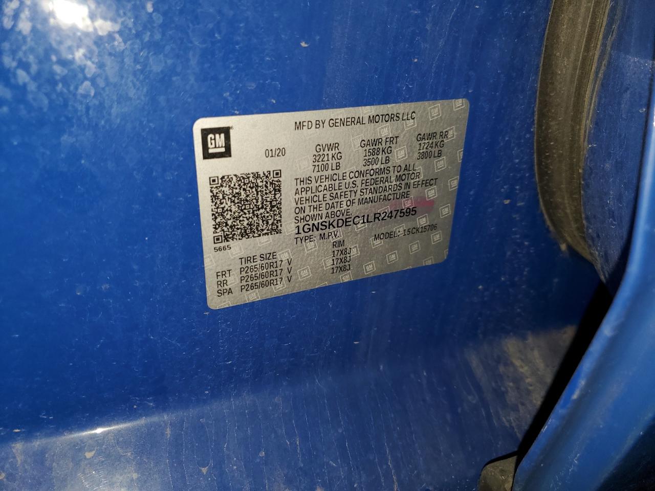 2020 Chevrolet Tahoe Police VIN: 1GNSKDEC1LR247595 Lot: 85144895