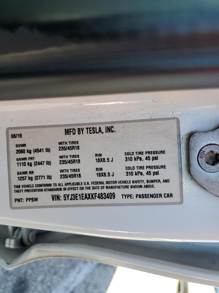 2019 Tesla Model 3 VIN: 5YJ3E1EAXKF483409 Lot: 87453135