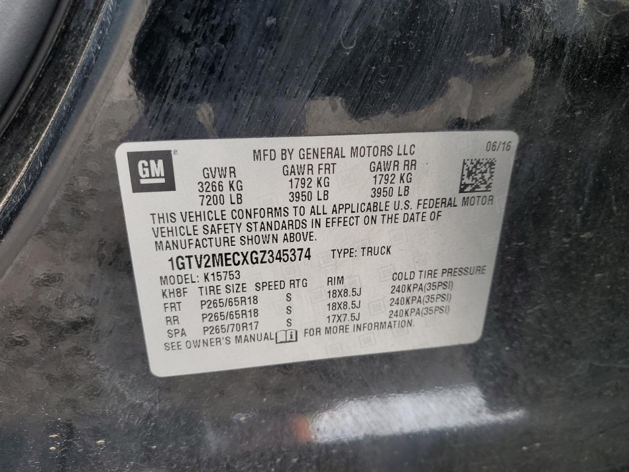 2016 GMC Sierra K1500 Sle VIN: 1GTV2MECXGZ345374 Lot: 84994355