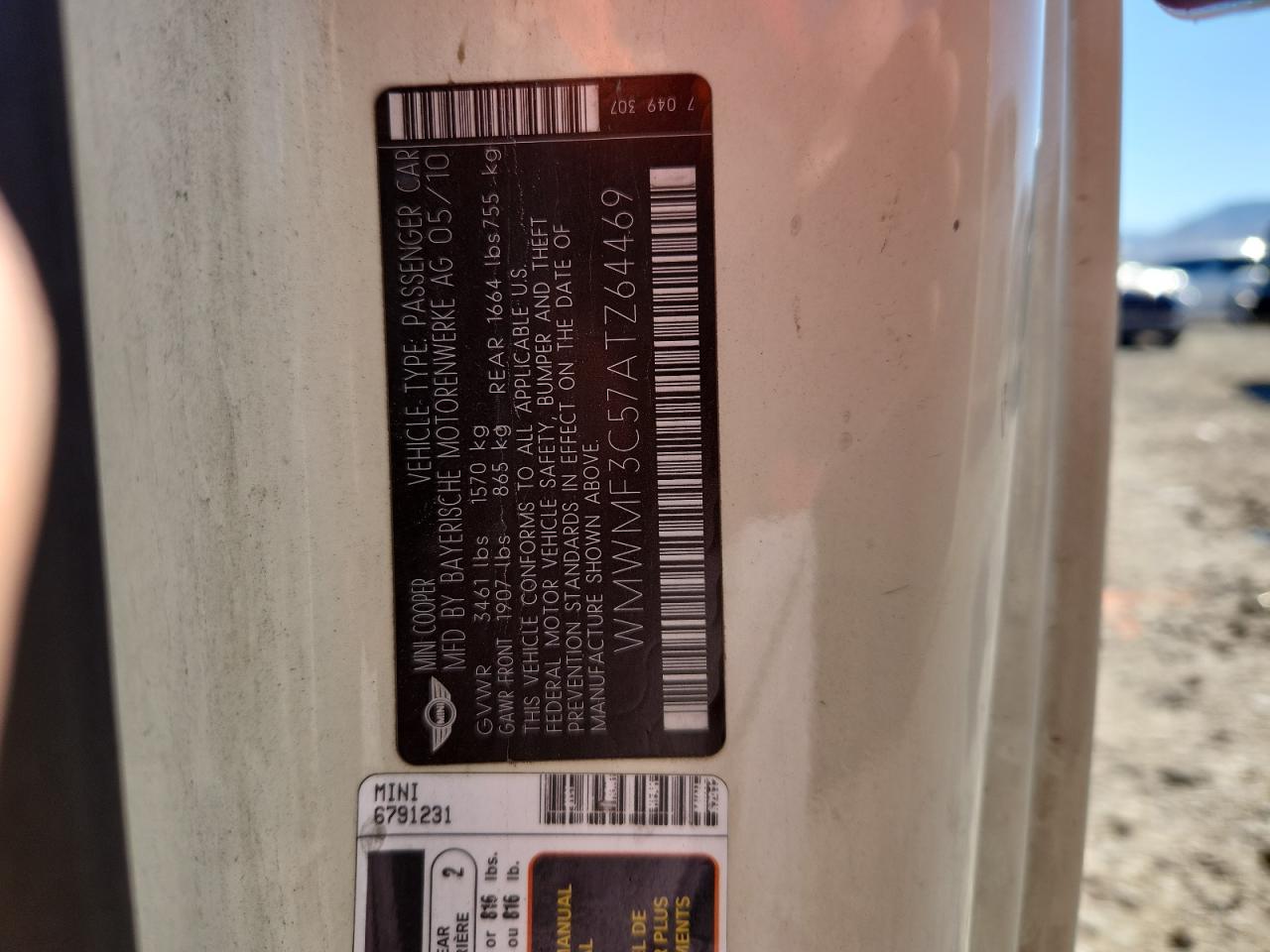 2010 Mini Cooper VIN: WMWMF3C57ATZ64469 Lot: 86173435