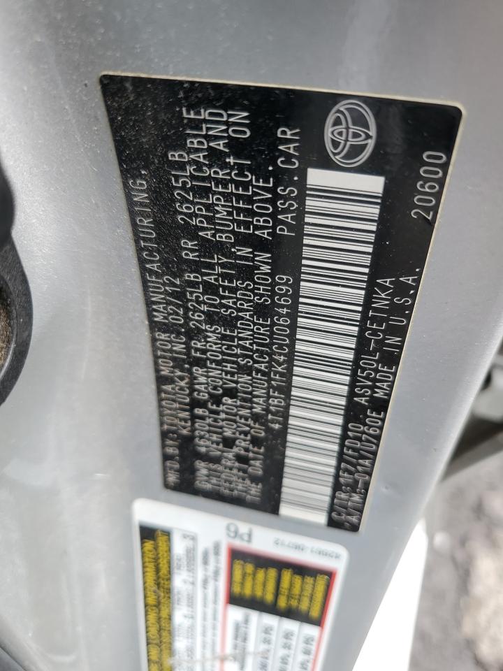 2012 Toyota Camry Base VIN: 4T1BF1FK4CU064699 Lot: 84927065