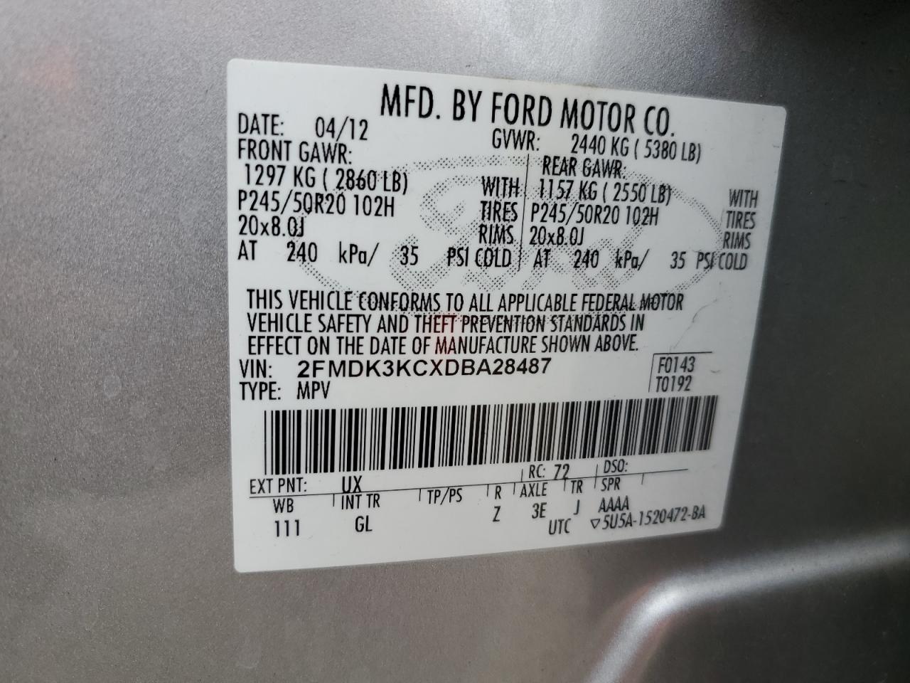 2013 Ford Edge Limited VIN: 2FMDK3KCXDBA28487 Lot: 82405445