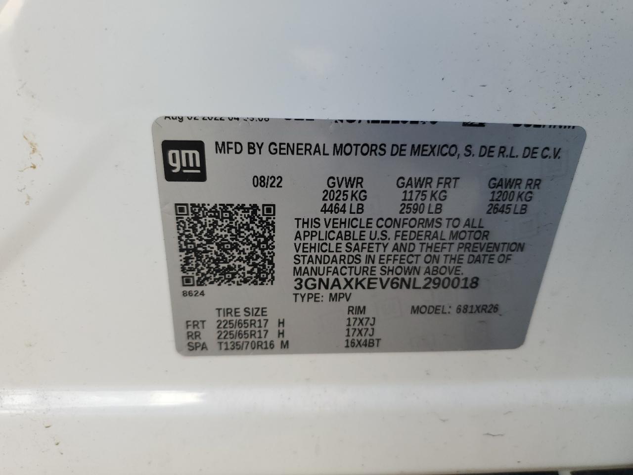 2022 Chevrolet Equinox Lt VIN: 3GNAXKEV6NL290018 Lot: 85899365