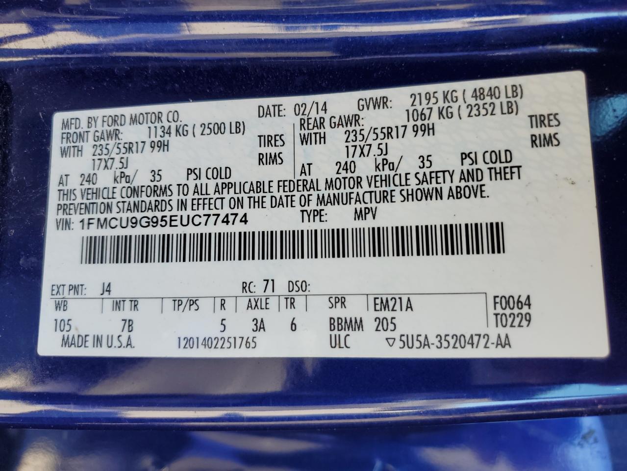 2014 Ford Escape Se VIN: 1FMCU9G95EUC77474 Lot: 82390735