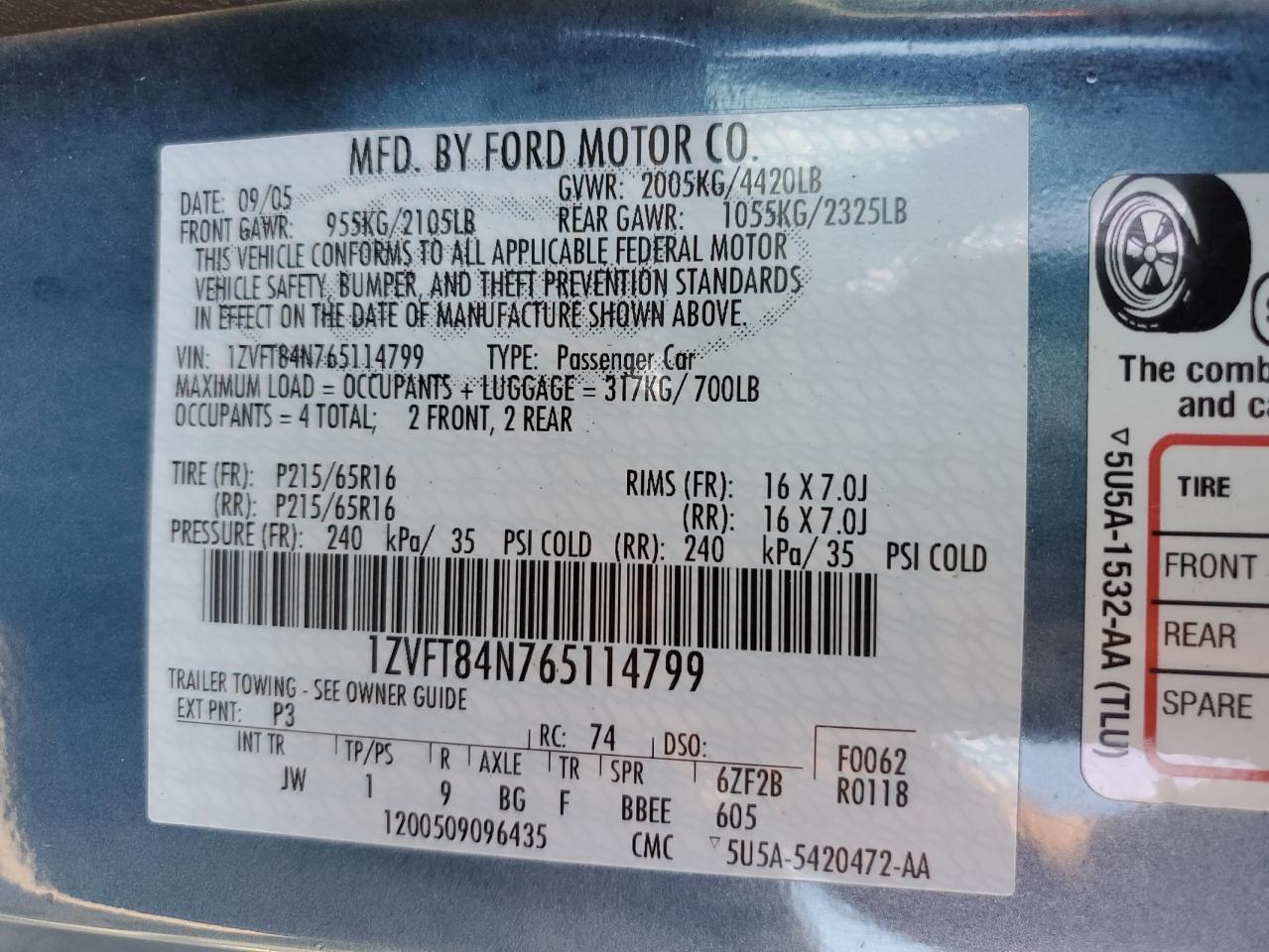 2006 Ford Mustang VIN: 1ZVFT84N765114799 Lot: 82253375