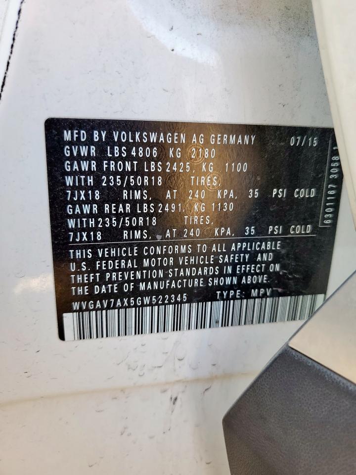 2016 Volkswagen Tiguan S VIN: WVGAV7AX5GW522345 Lot: 86248645