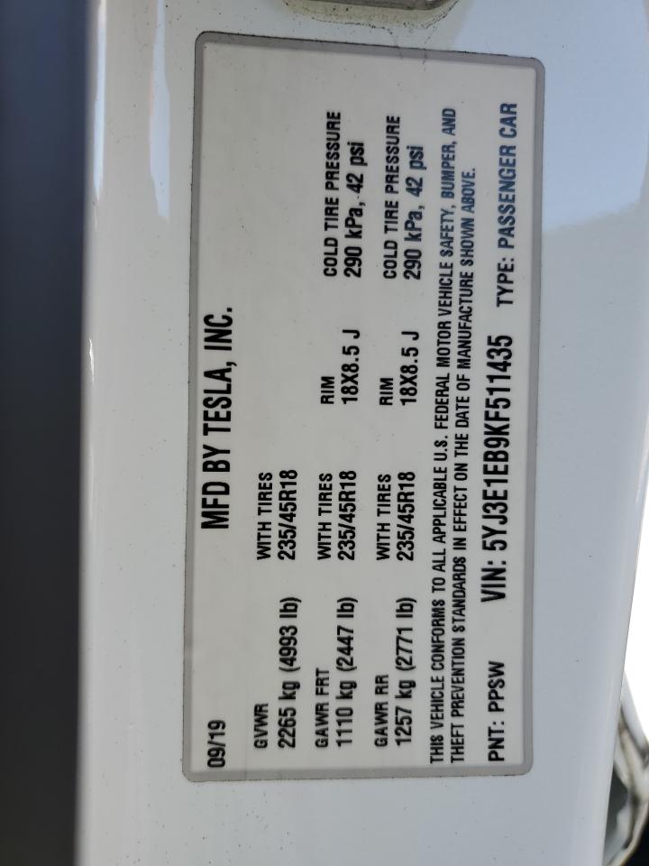 2019 Tesla Model 3 VIN: 5YJ3E1EB9KF511435 Lot: 85575565