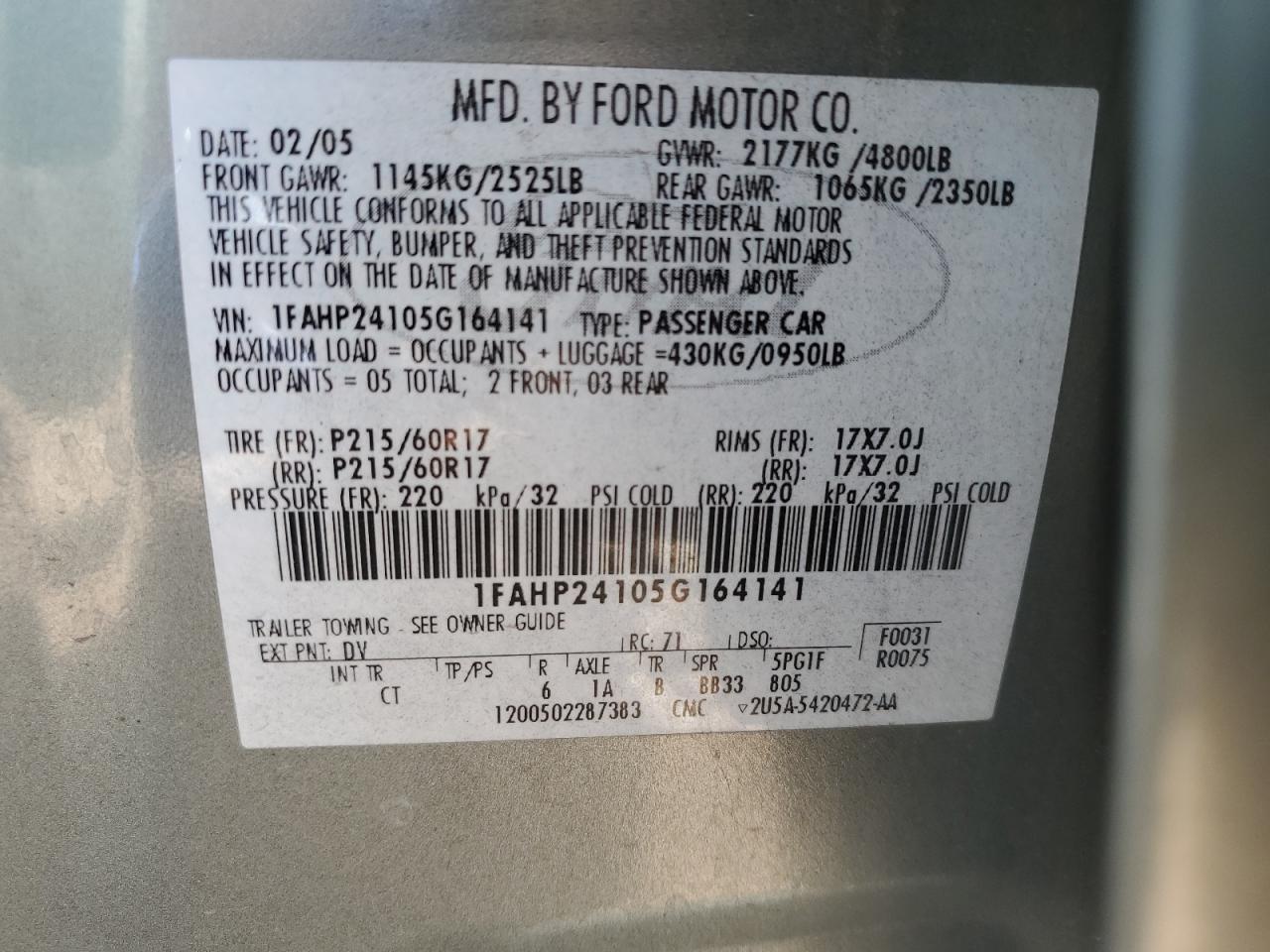 2005 Ford Five Hundred Sel VIN: 1FAHP24105G164141 Lot: 82741455