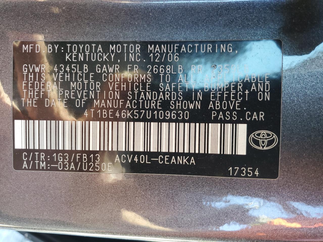 2007 Toyota Camry Ce VIN: 4T1BE46K57U109630 Lot: 85535145