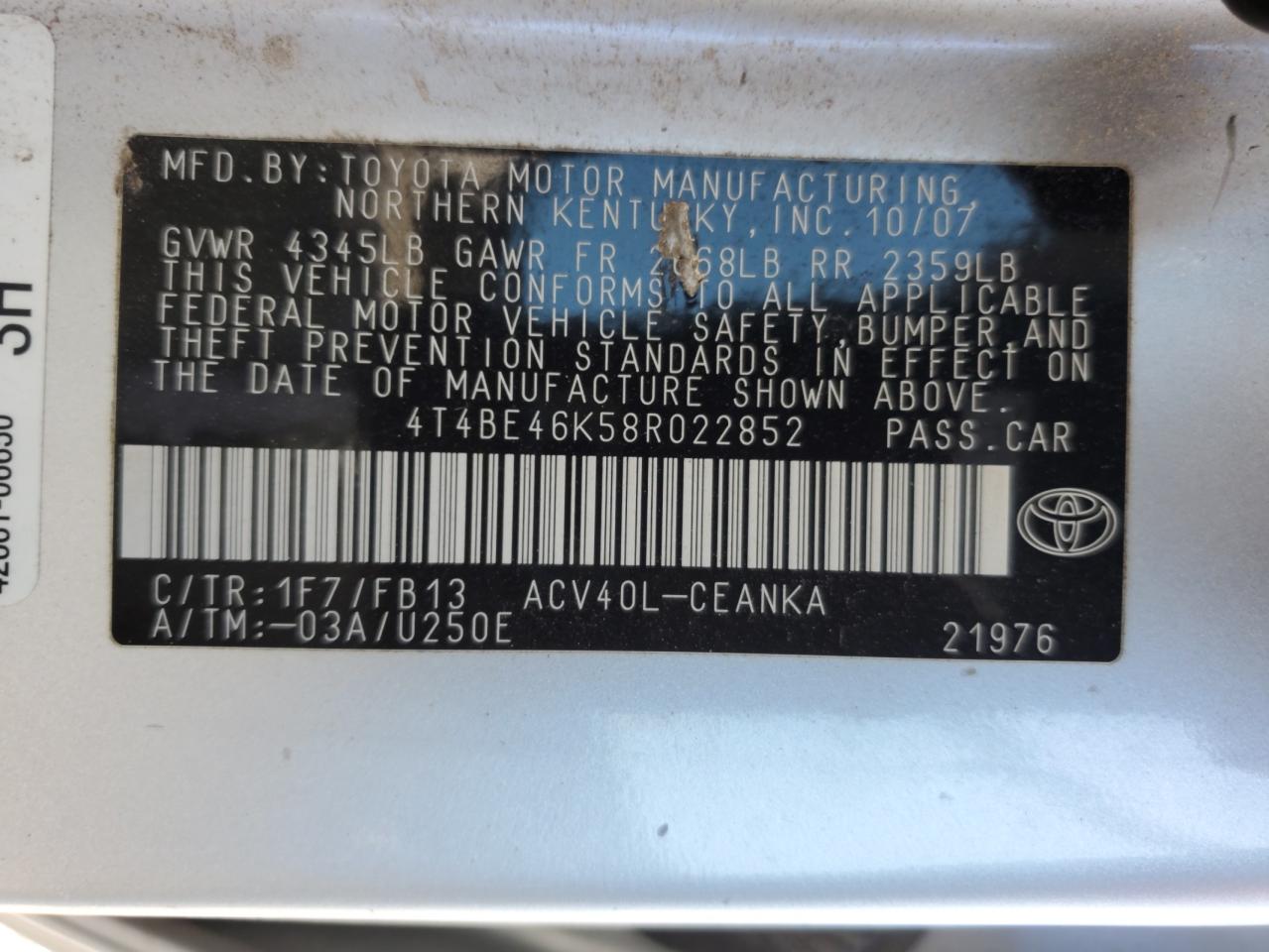 2008 Toyota Camry Ce VIN: 4T4BE46K58R022852 Lot: 85280615