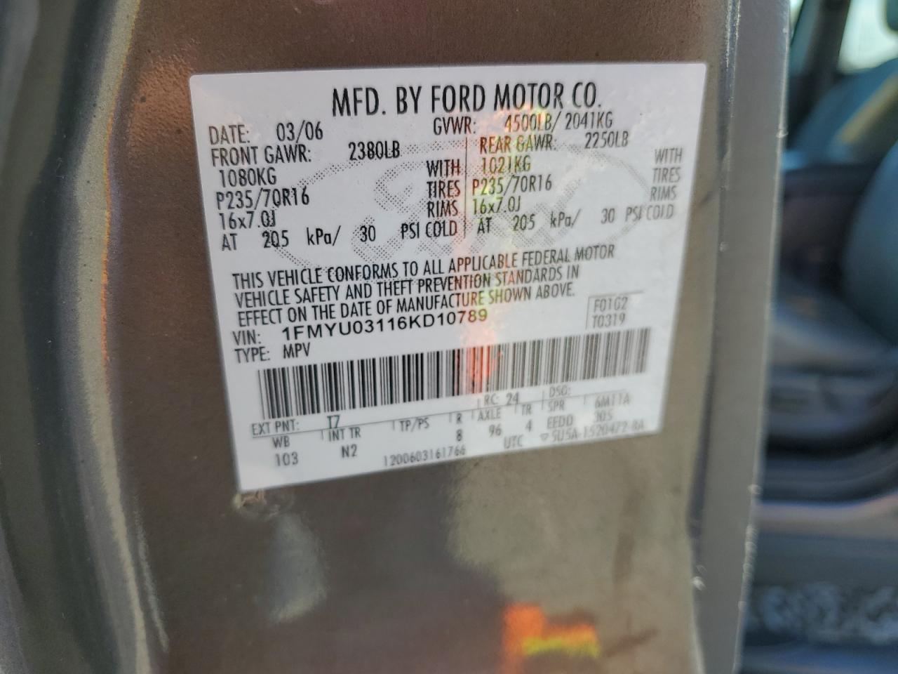 2006 Ford Escape Xlt VIN: 1FMYU03116KD10789 Lot: 82249295